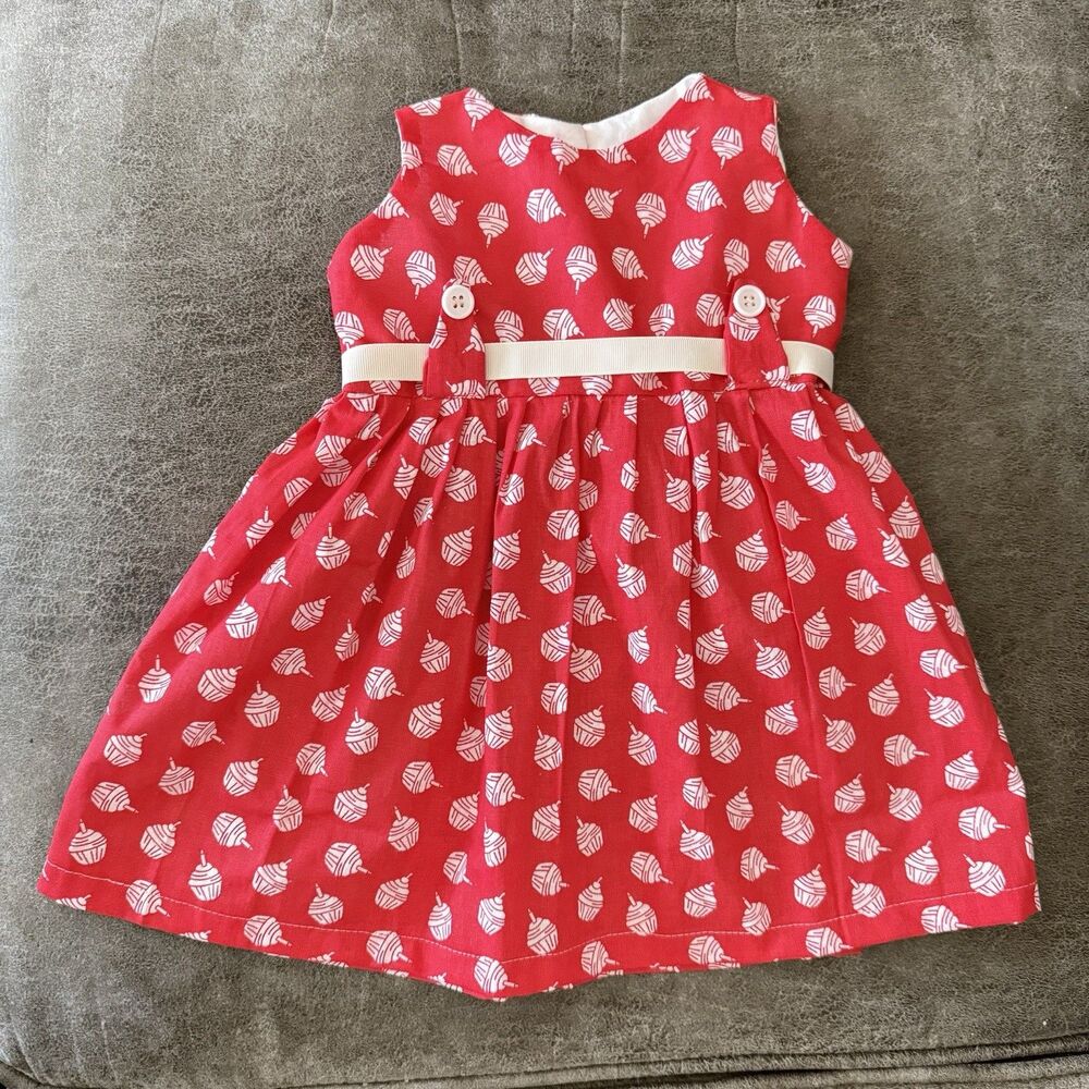 Baby Girl Dress 6-12 Months Red White Print Ribbon Sleeveless Cute - Picture 2 of 12